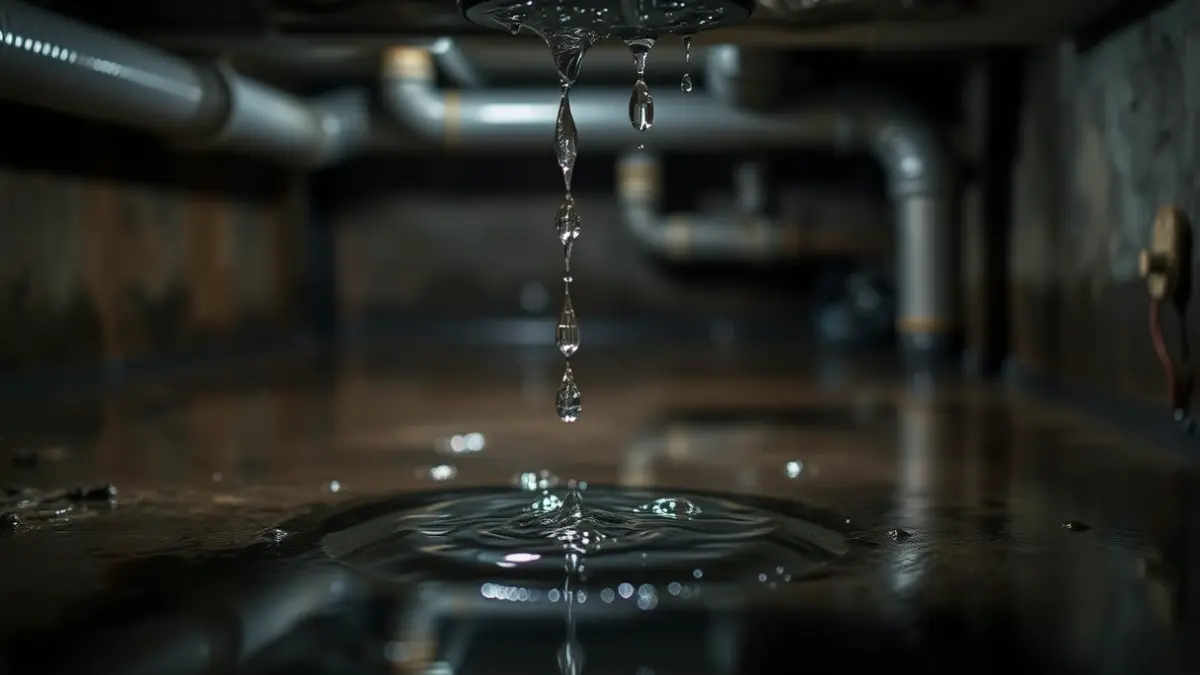 Image of a water leak in an underground garage, with drops falling from the ceiling and puddles on the floor, showing humidity damage.