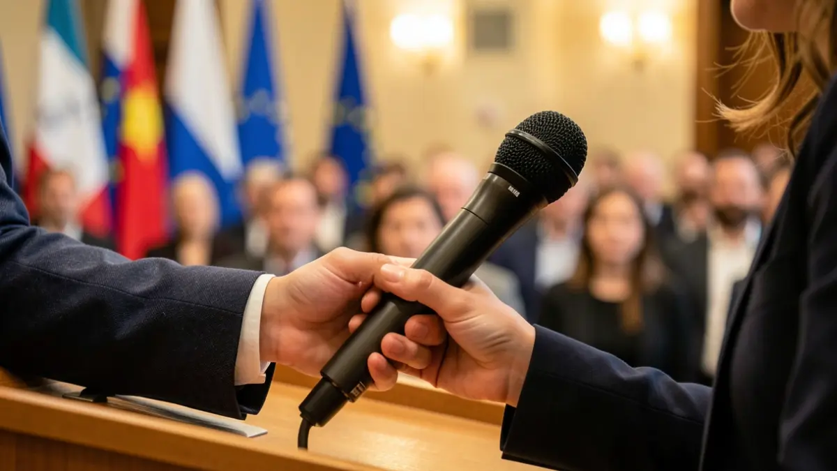Generic image of a hand with a microphone on a podium.