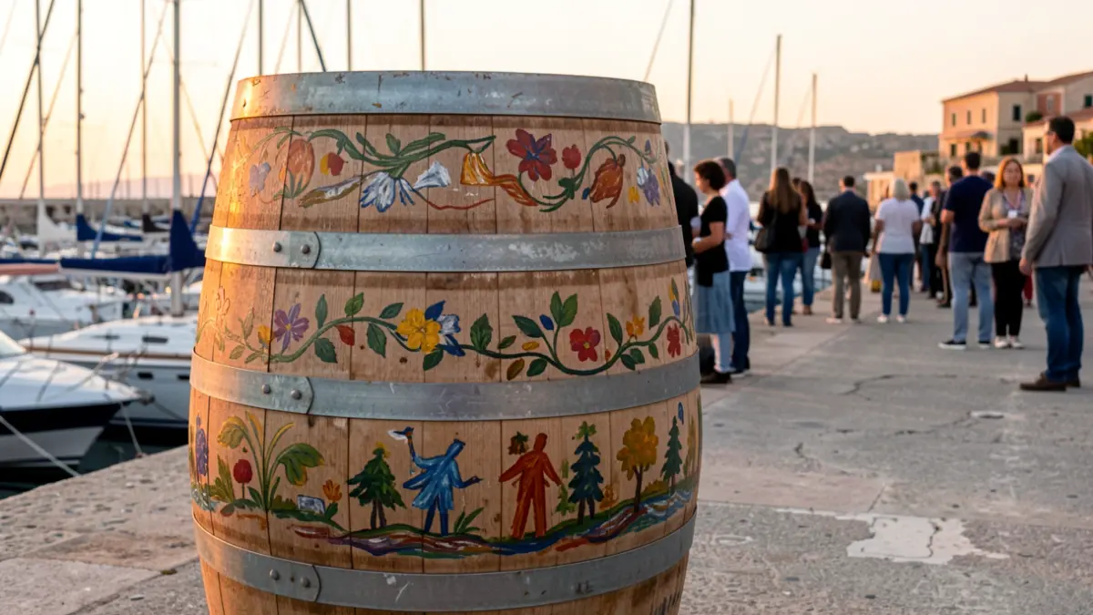 Decorated wine barrel in a Mediterranean marina setting.
