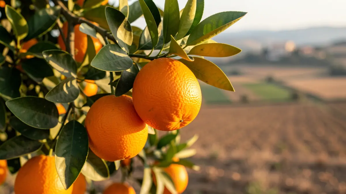 Imatge d'un taronger amb taronges i fulles verdes, amb un paisatge mediterrani al fons.