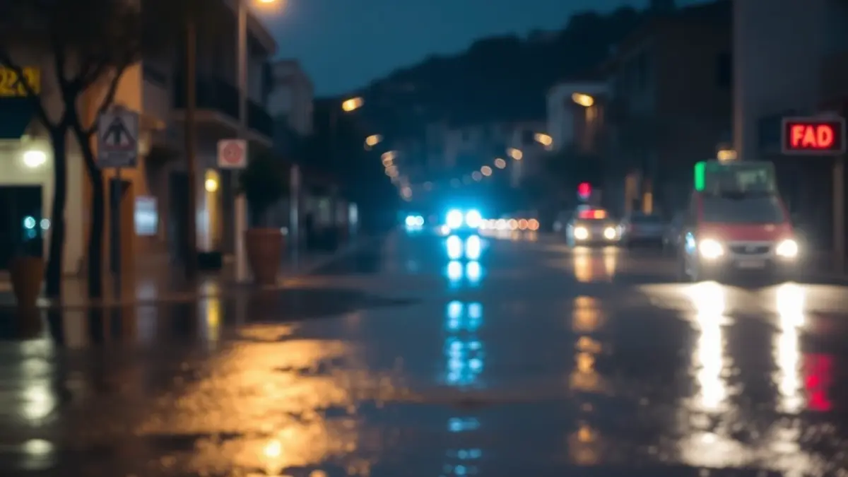 Imatge d'una carretera inundada amb llums d'emergència reflectint-se en l'asfalt mullat, simbolitzant les conseqüències d'una riuada.