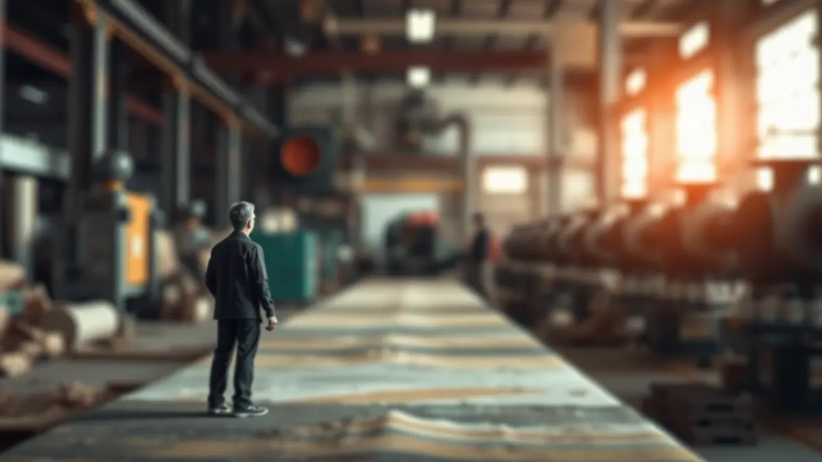 Imatge que representa la crisi econòmica i la resiliència d'una ciutat, amb elements industrials i una figura solitària mirant cap al futur.