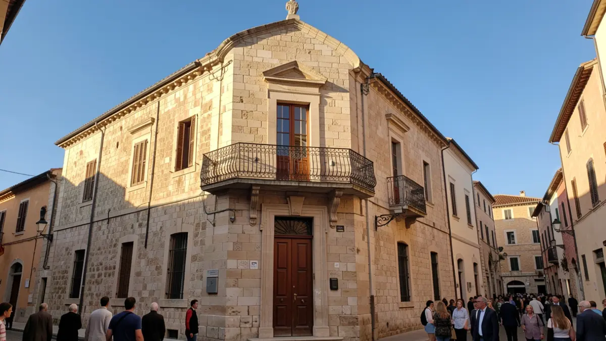 Facade of a Mediterranean town hall with wrought iron balcony, afternoon light.