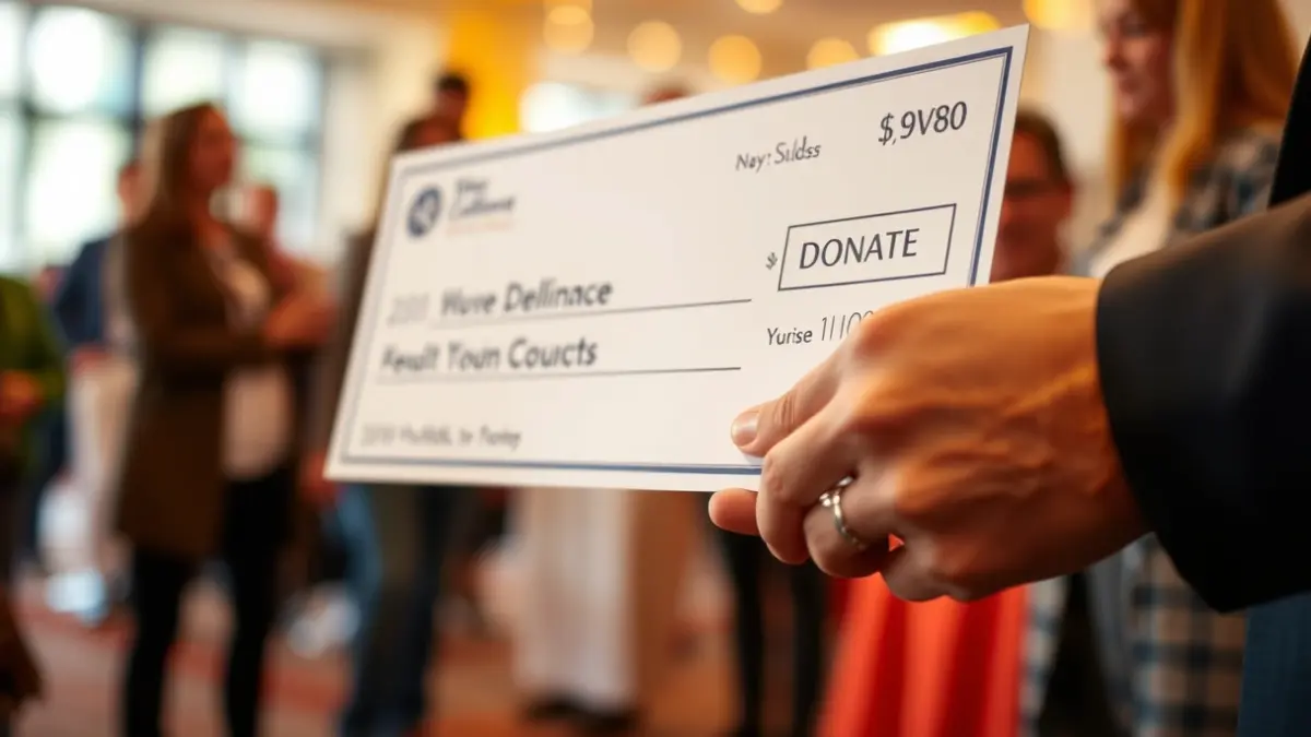 Imagen genérica de un cheque solidario siendo entregado en un acto comunitario.