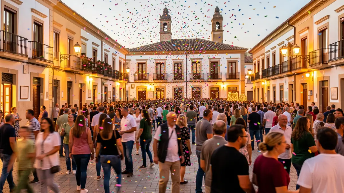 Generic image of a festive celebration in a town square in la Comunitat Valenciana with people and confetti.