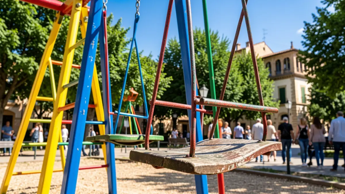 Imagen genérica de parques infantiles con juegos y bancos.