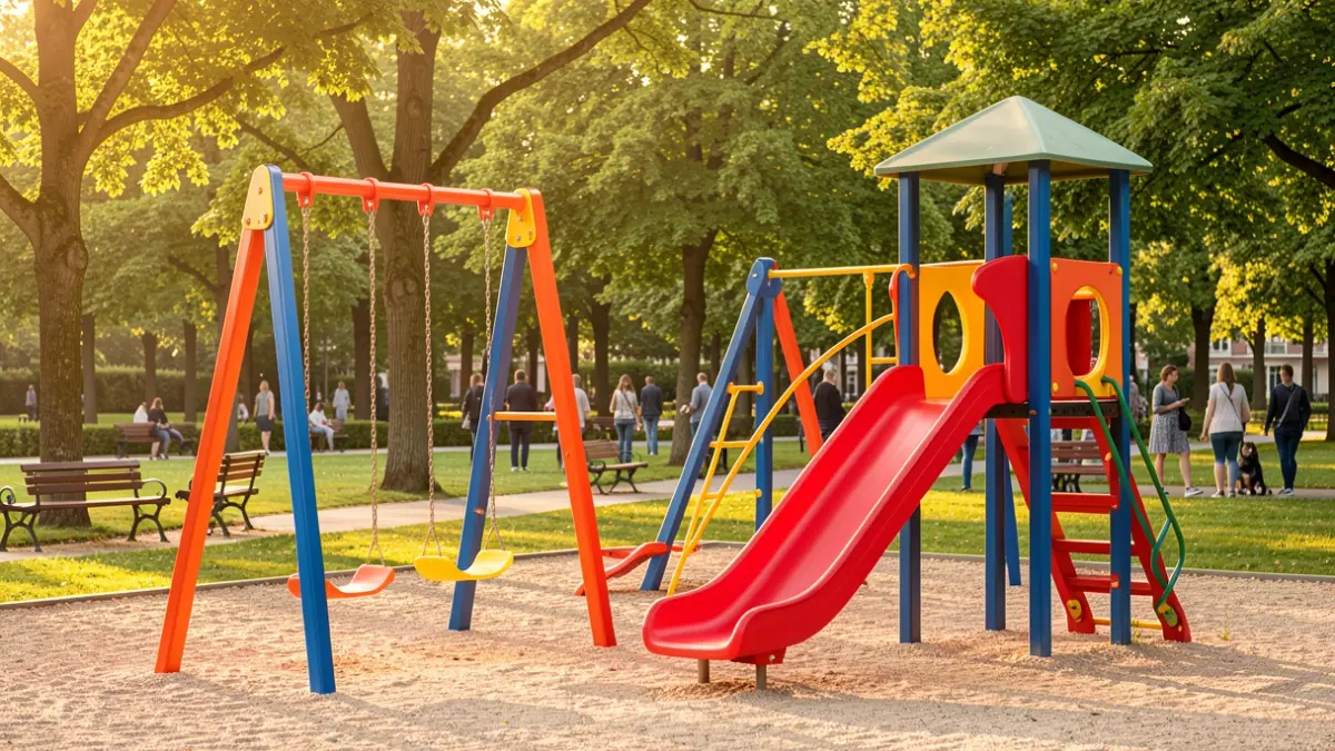 Generic image of a modern children's playground with colorful equipment and afternoon sun.