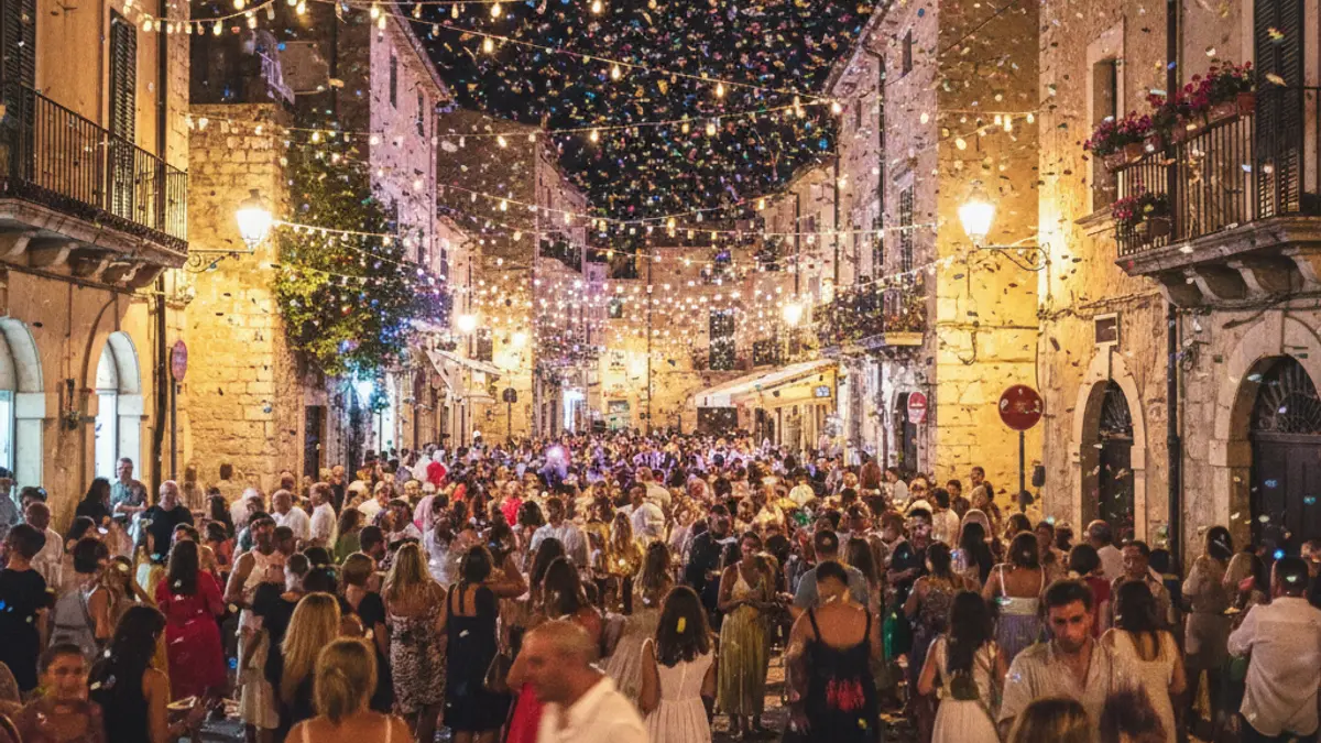 Generic image of a popular festival with people and colorful lights.