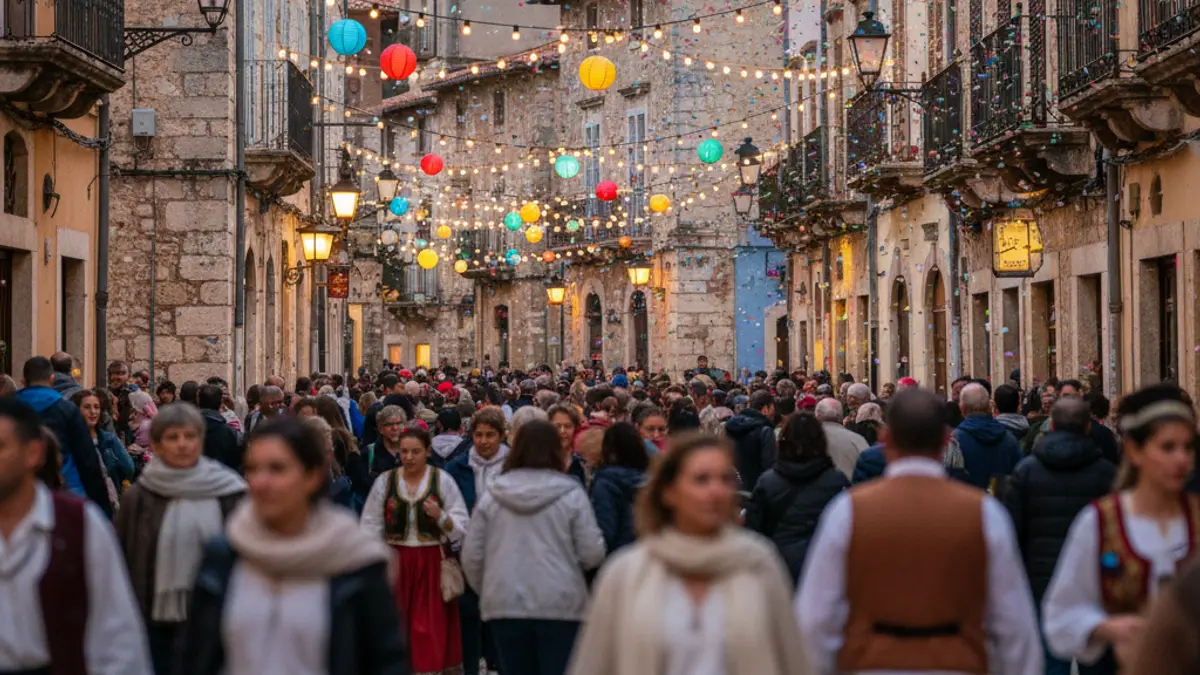 Imagen genérica de una fiesta tradicional en un pueblo mediterráneo, con multitudes borrosas y luces de colores.