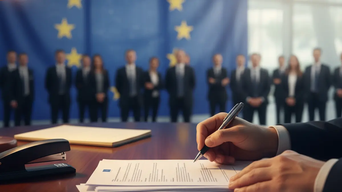 Generic image of hands signing official documents, with a blurred European Union flag in the background.