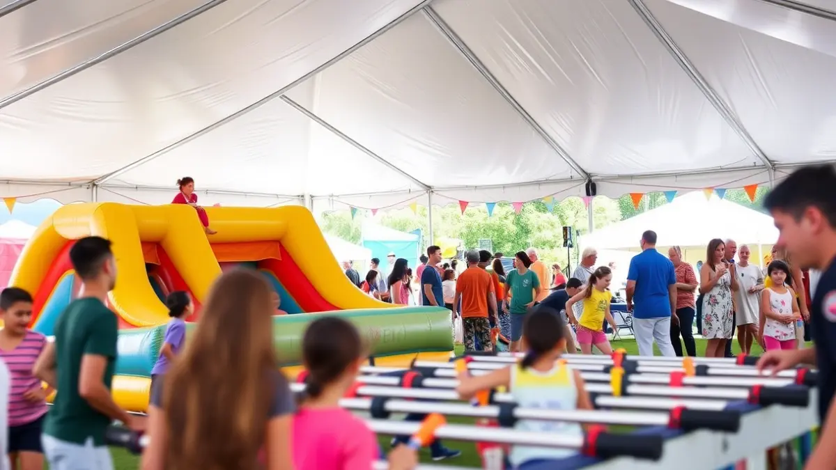 Image of a family event with inflatables and recreational activities in a tent.