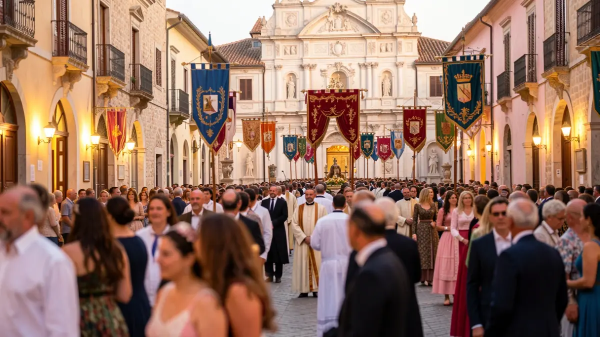 Imagen genérica de una fiesta religiosa tradicional en una plaza de pueblo mediterráneo.