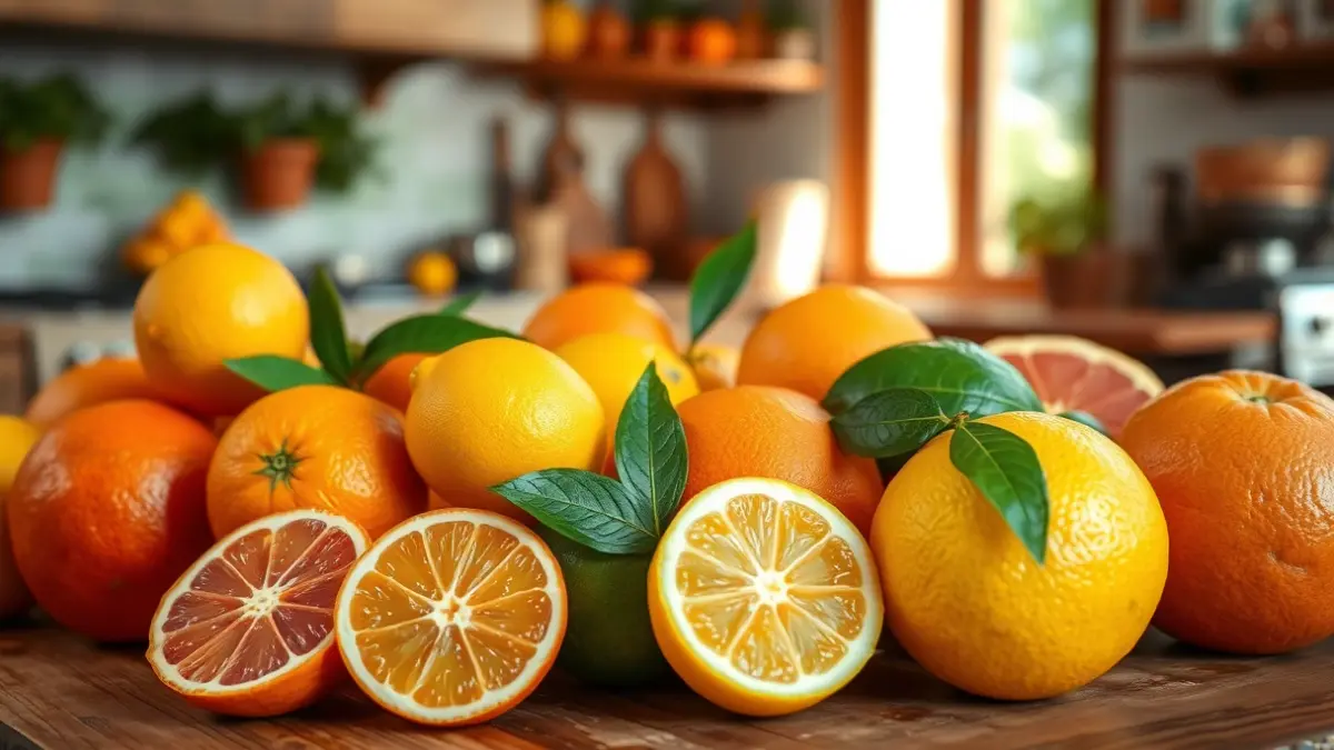 Generic image of fresh citrus fruits on a wooden table, with warm natural light.