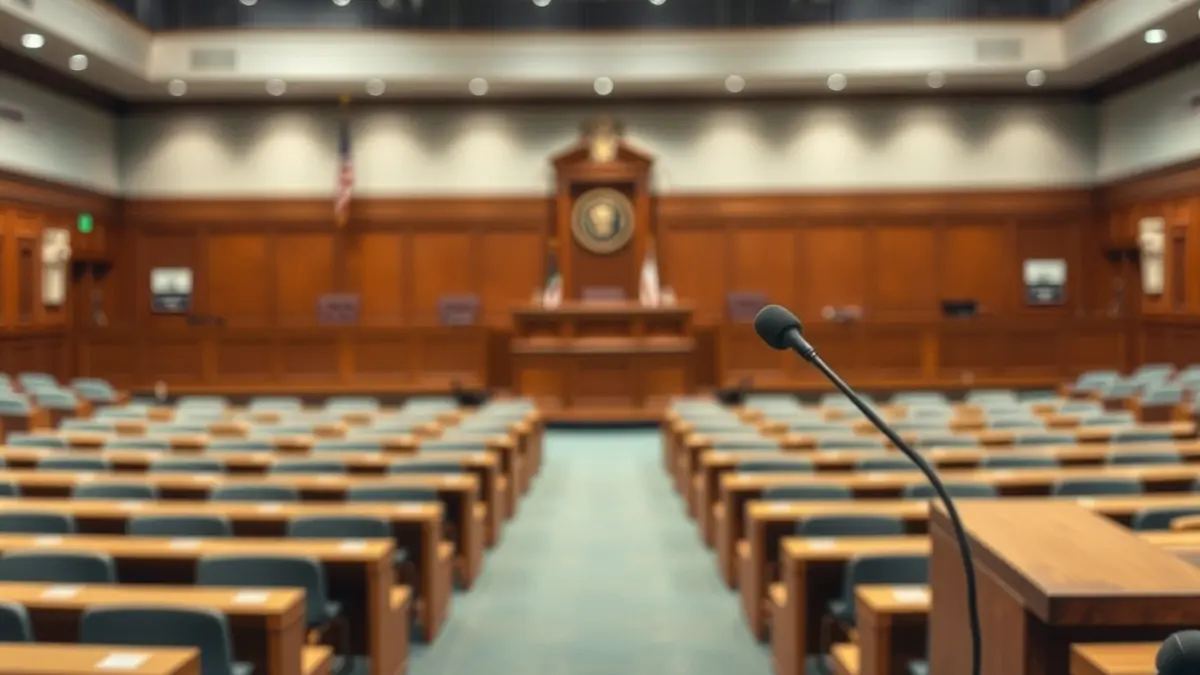 Generic image of an empty municipal council chamber, with a podium and microphones.