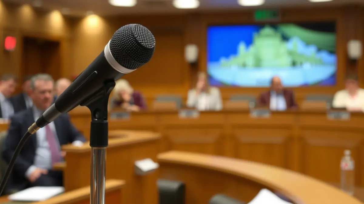 Imagen genérica de un micrófono en un atril en una sala de plenos municipal, simbolizando el debate político.