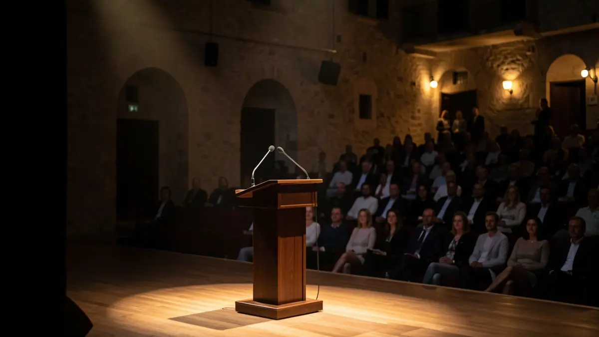 Imagen genérica de un escenario de teatro con un atril y un micrófono.