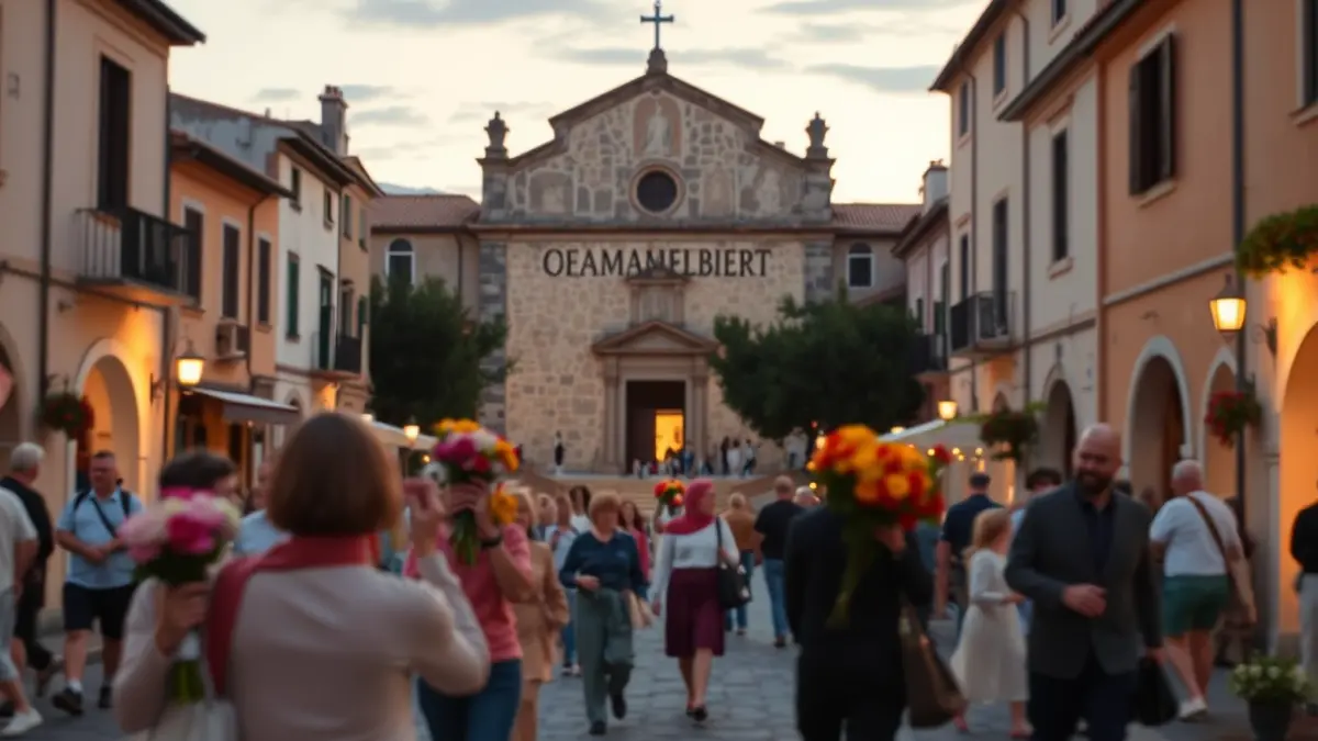 Imatge d'una ofrena de flors en una plaça tradicional mediterrània, amb figures borroses i una església al fons.