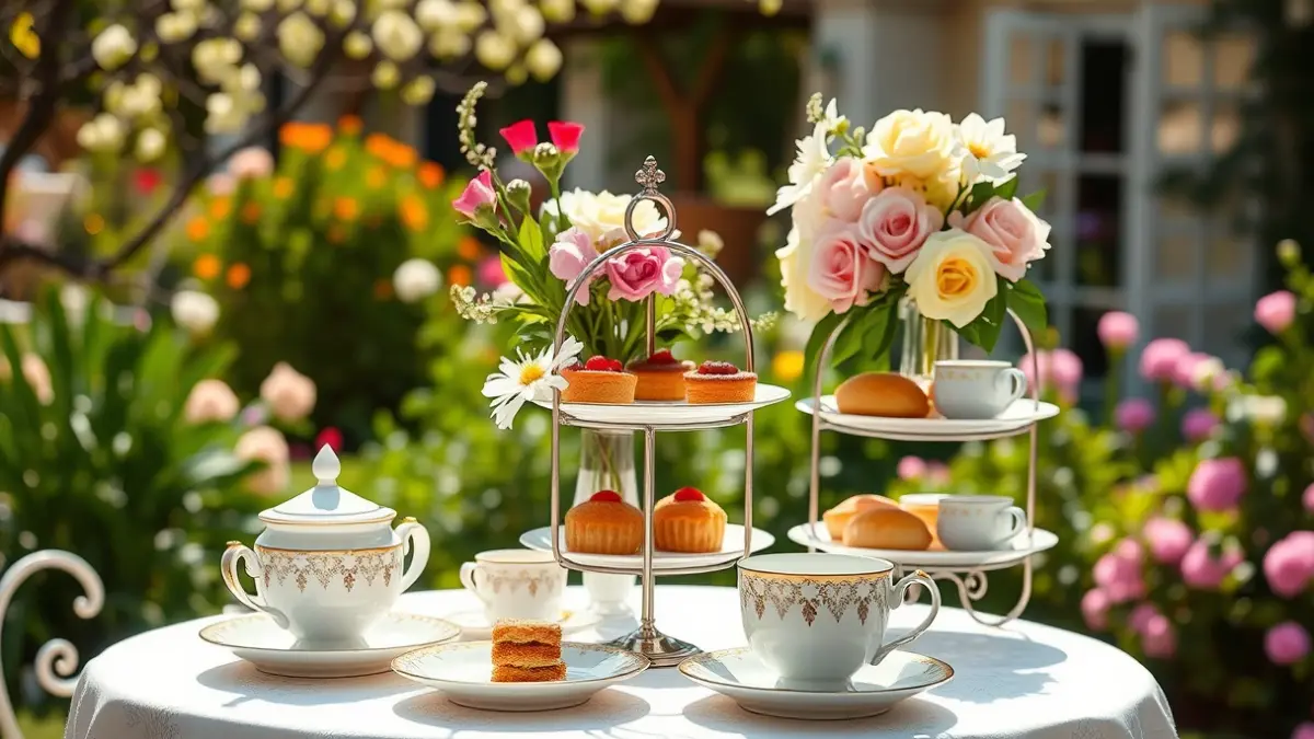 Image of an English tea table with porcelain cups, flowers, and pastries, in a Mediterranean garden.
