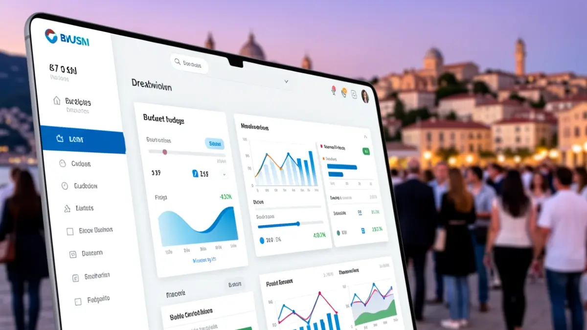 Generic image of a digital budget viewer with charts and an urban background.