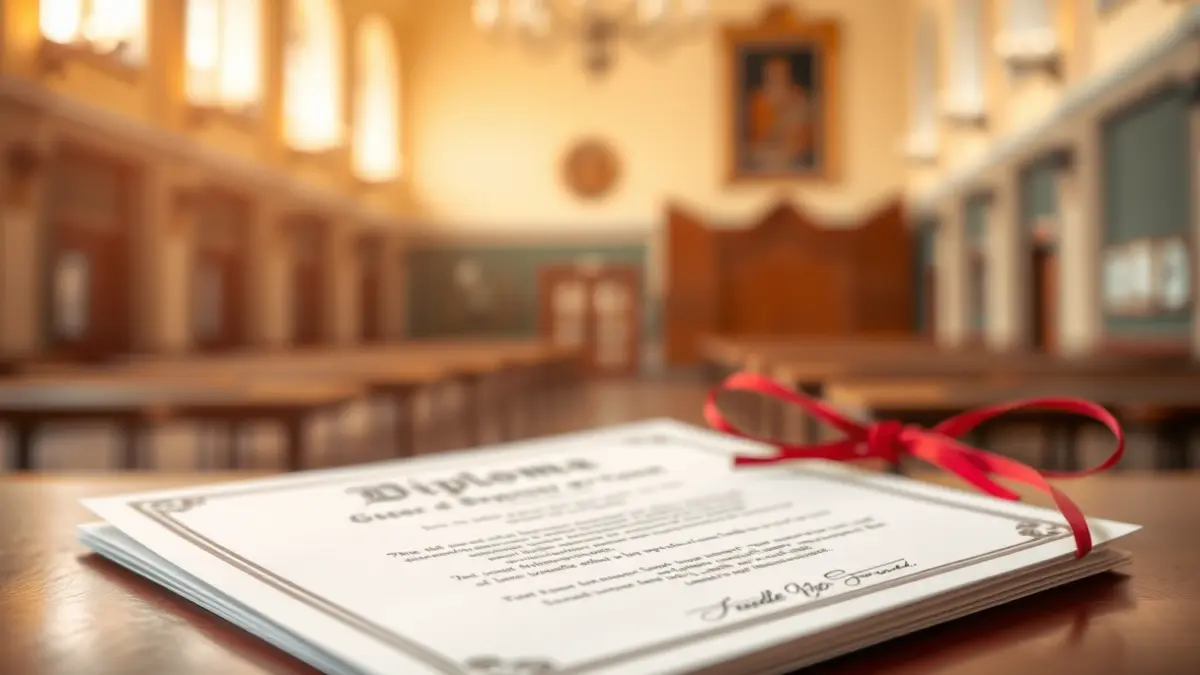 Imatge genèrica d'un diploma o certificat, amb un fons desenfocat d'un saló d'actes escolar, simbolitzant el reconeixement acadèmic.