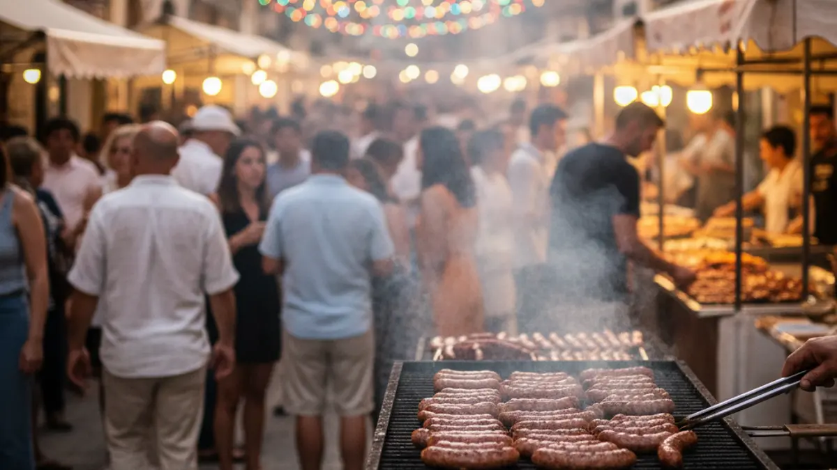 Image of a popular festival with people and food stalls, where traditional sausages are being cooked on a grill.