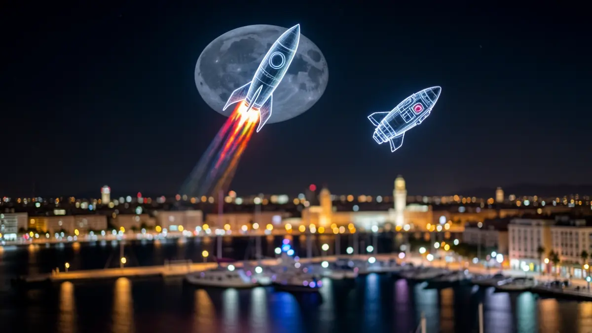 Imatge genèrica d'un espectacle de drons il·luminant el cel nocturn sobre el port d'Alacant.