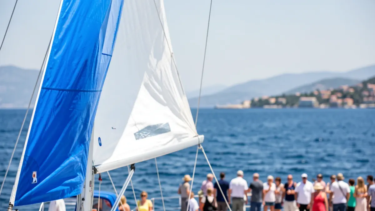Generic image of a sailboat sail with the Mediterranean Sea in the background.