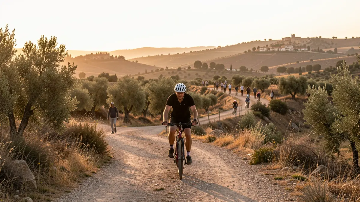 Imatge genèrica d'un ciclista en un paisatge valencià al capvespre.