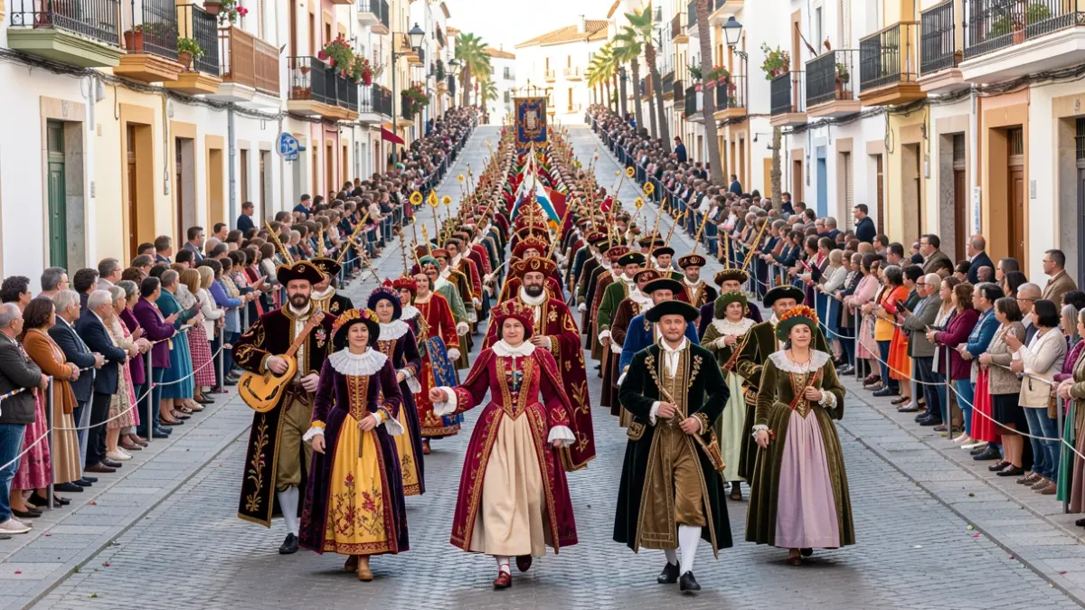 Imagen genérica de un desfile de Moros y Cristianos con participantes y espectadores.