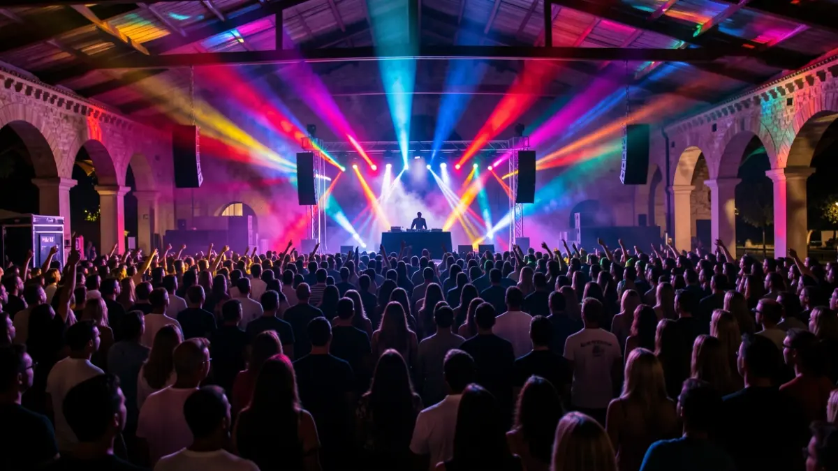 Imagen genérica de un festival de música electrónica nocturno con luces y ambiente festivo.
