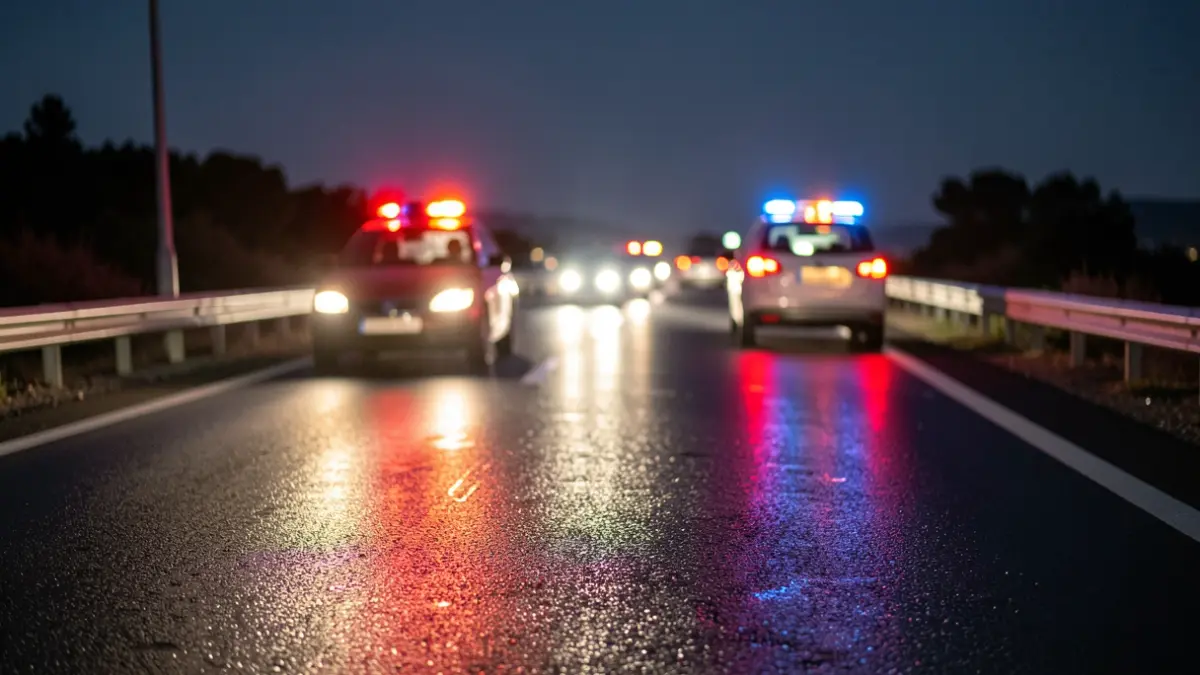 Generic image of emergency lights and traffic on a wet highway.