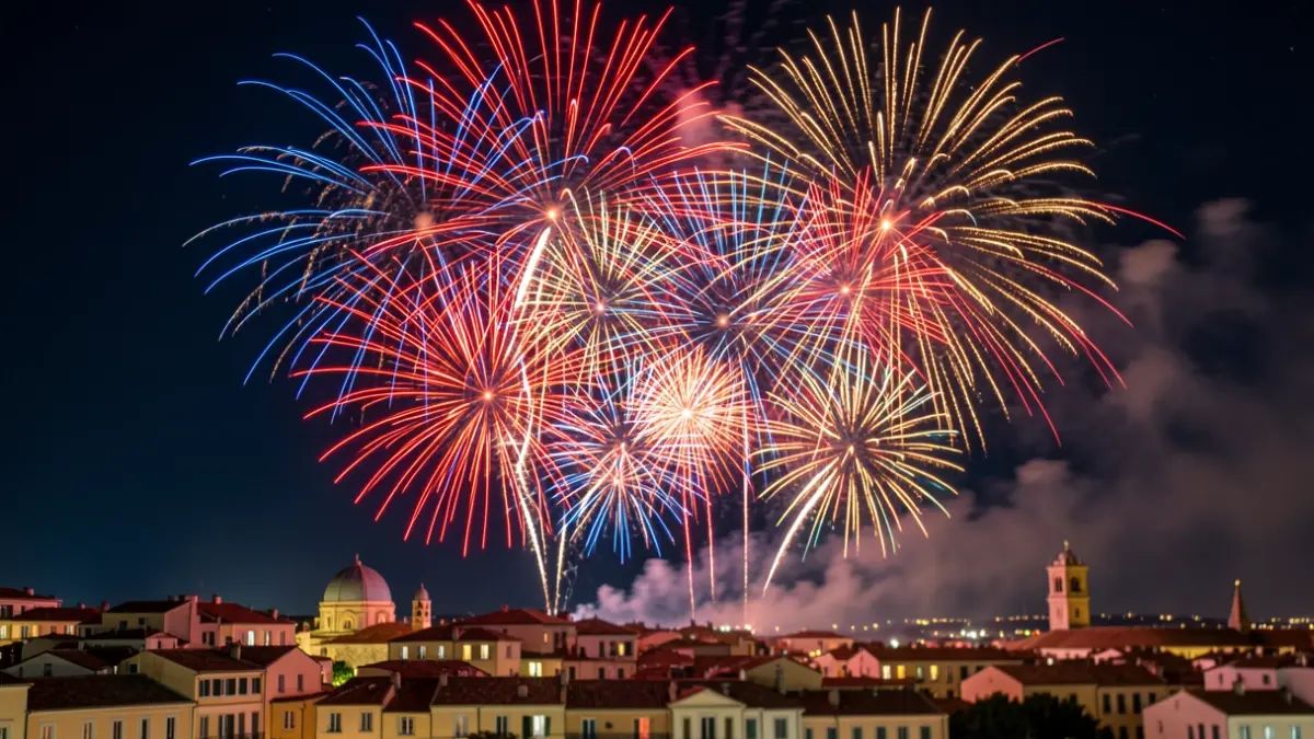 Imatge genèrica d'una explosió de colors de focs artificials sobre una ciutat mediterrània.