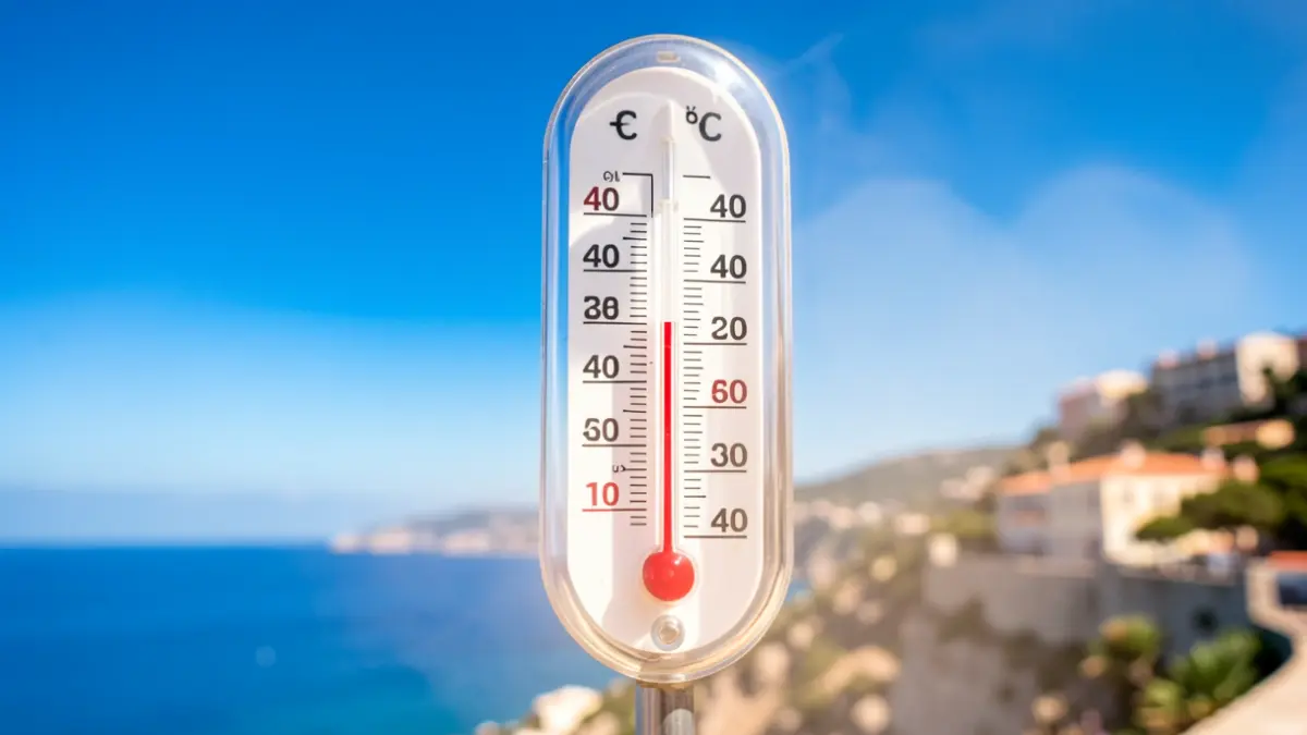 Thermometer showing over 40 degrees Celsius with blue sky and Mediterranean coast in the background.