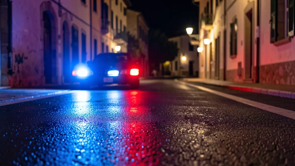 Imatge genèrica de llums d'emergència policial reflectides en l'asfalt.
