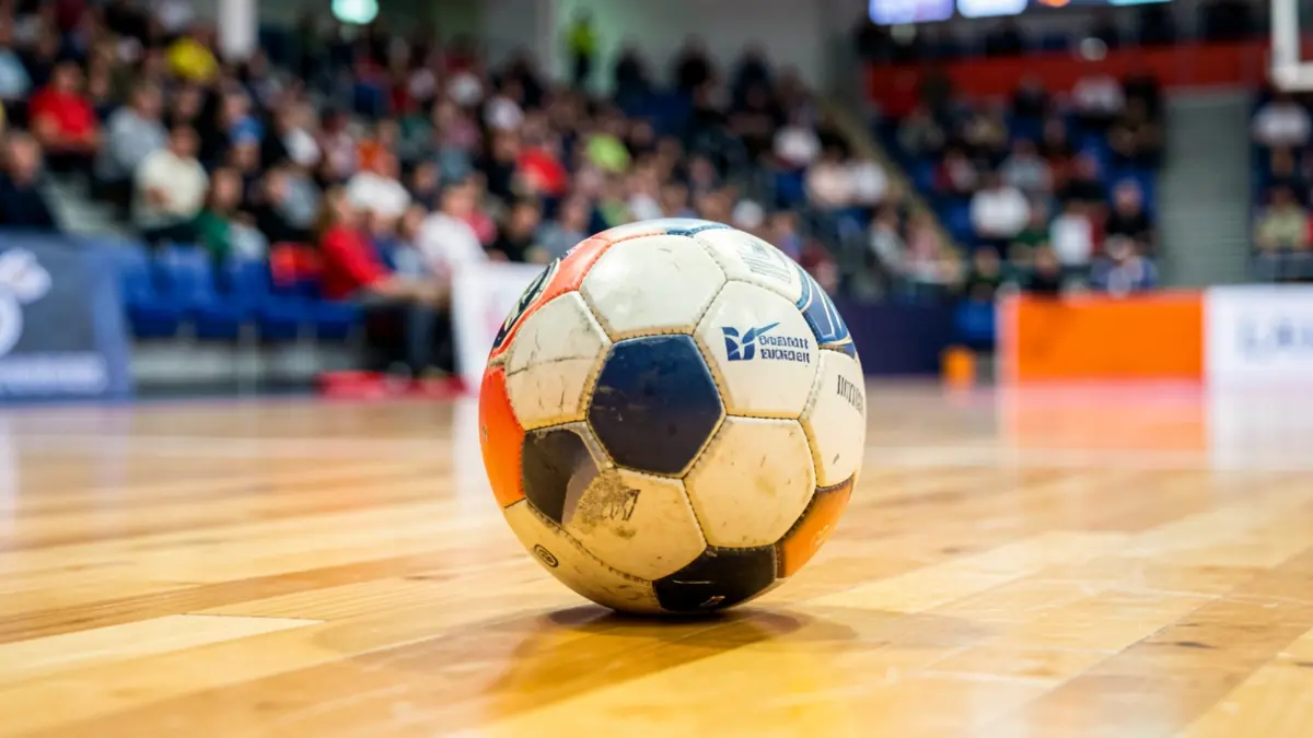 Imatge genèrica d'una pilota d'handbol sobre la pista d'un pavelló esportiu.