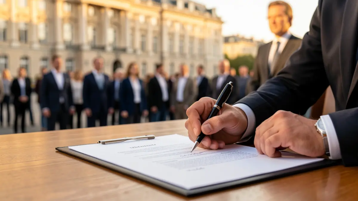 Image of an official document being signed in an institutional office.