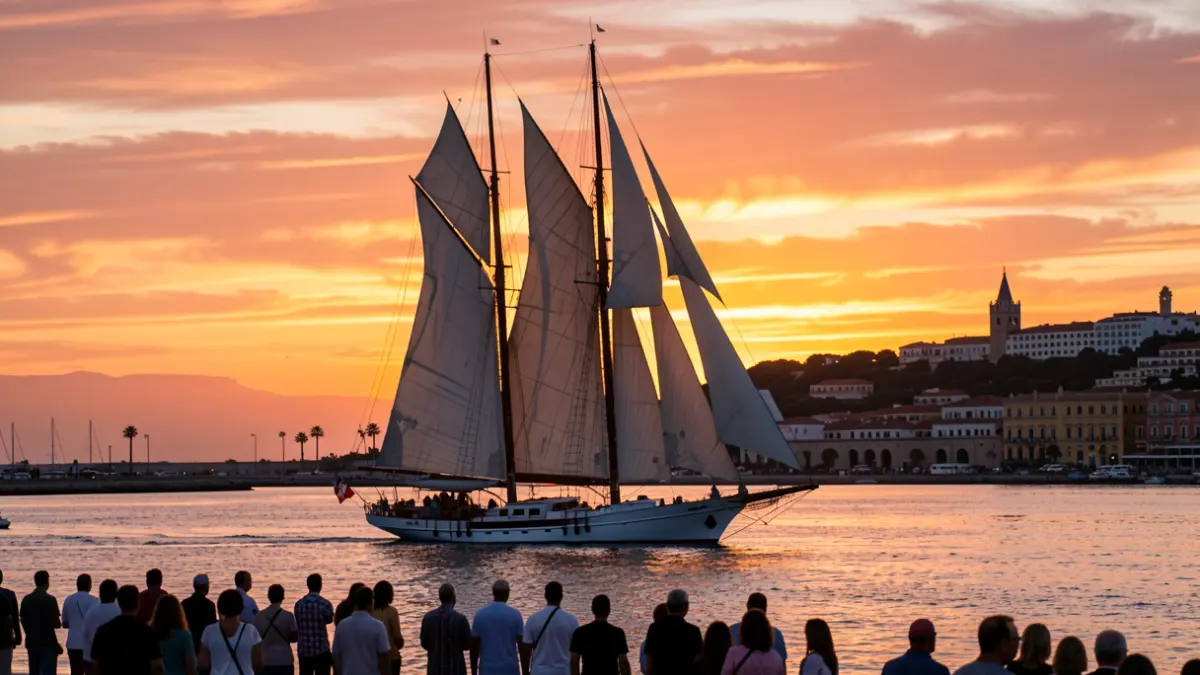 Imatge genèrica d'un veler amb les veles desplegades davant la costa d'Alacant al capvespre.
