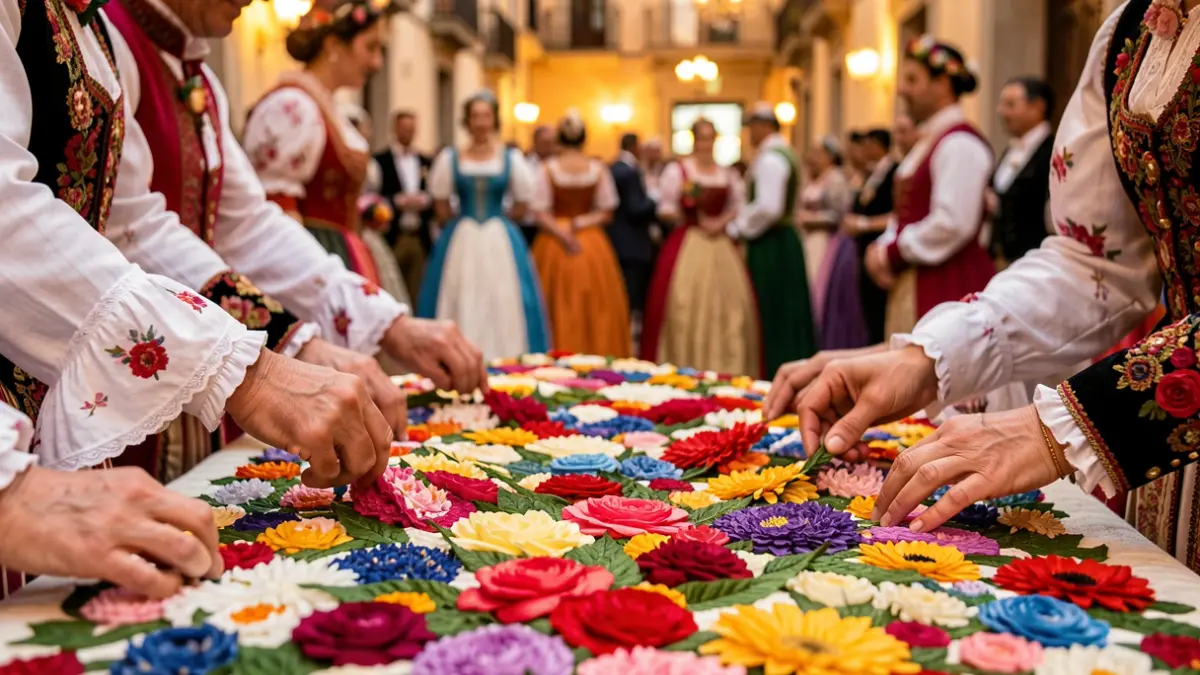 Imatge genèrica de la construcció d'un tapís floral durant les Fogueres d'Alacant.