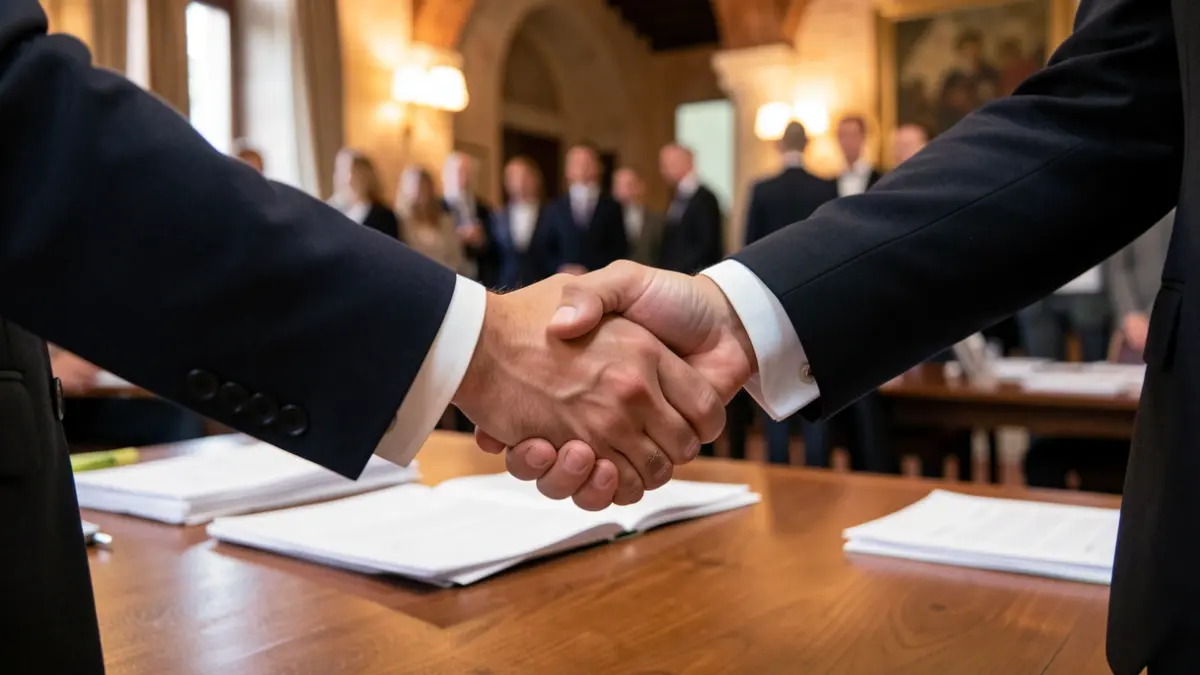Imatge genèrica de dues mans estreant-se sobre una taula amb documents.