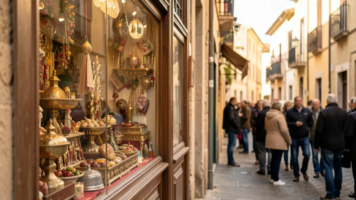 Image of a shop window decorated with traditional Fogueres motifs in a street in Alicante.