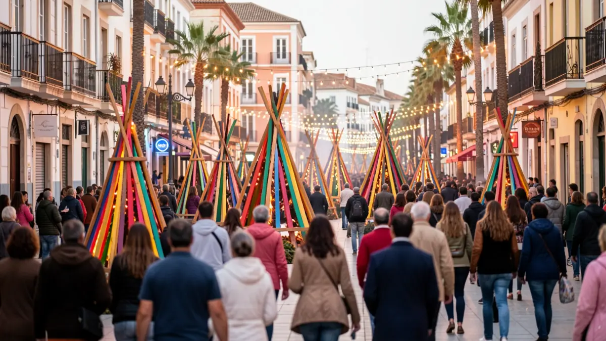 Generic image of the Hogueras festival 'plantà' in Alicante, showing colorful wooden monuments in the streets.