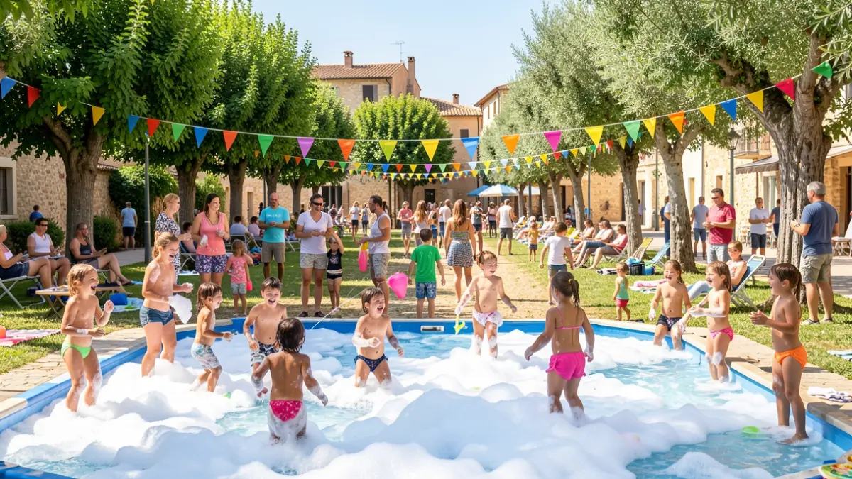 Imatge genèrica d'un parc amb famílies gaudint d'activitats lúdiques i una festa de l'escuma.