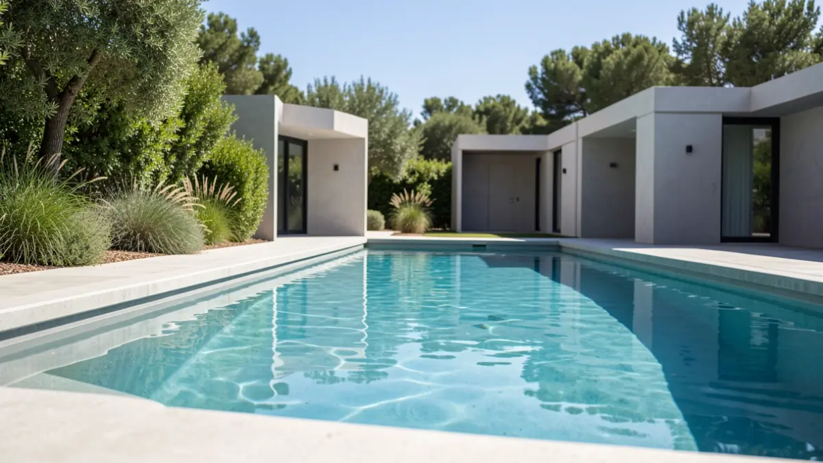 Generic image of a modern swimming pool with service buildings integrated into the landscape.