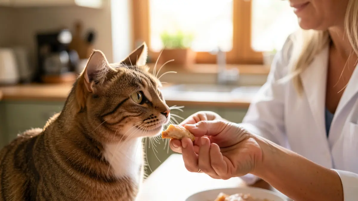 Generic image of a veterinarian offering food to a cat.
