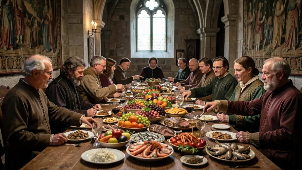 Image of a medieval banquet with various foods and guests.