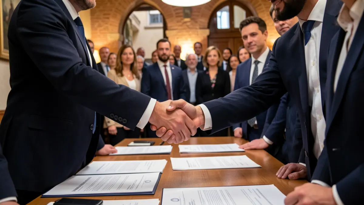 Imatge genèrica de persones participant en un acte oficial en un entorn mediterrani.