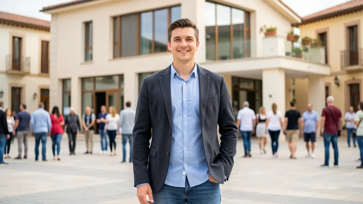 Generic image of a young mayor in front of a Mediterranean town hall.