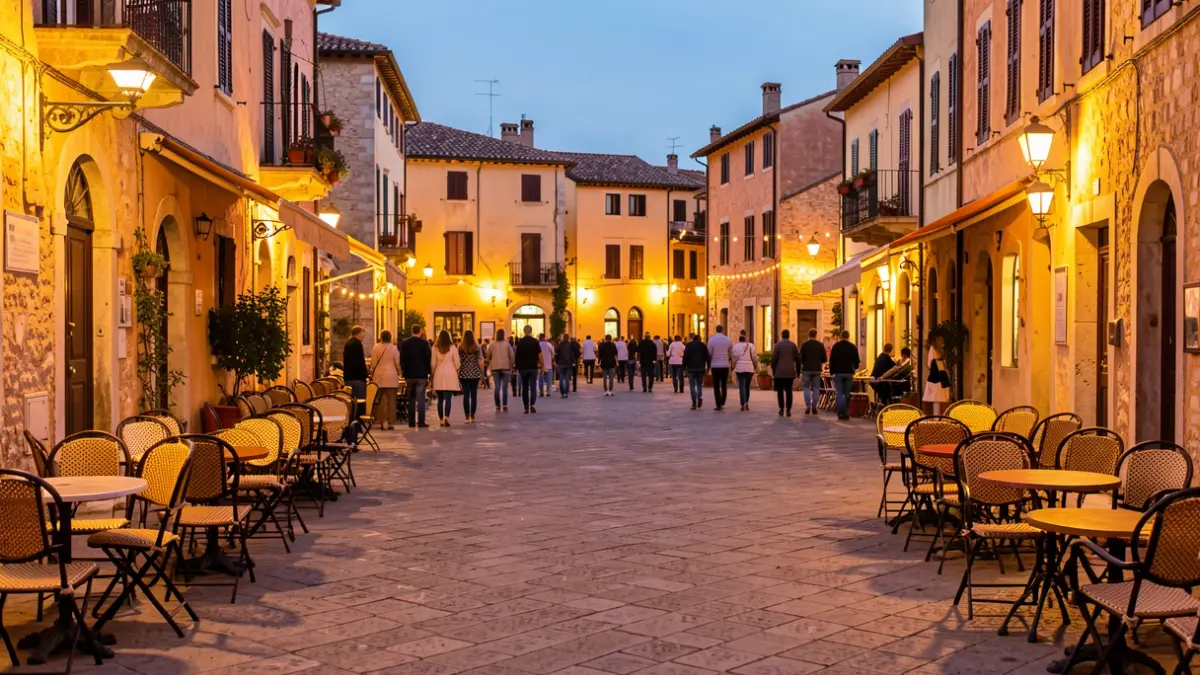 Imatge genèrica d'una plaça de poble mediterrani il·luminada al capvespre.