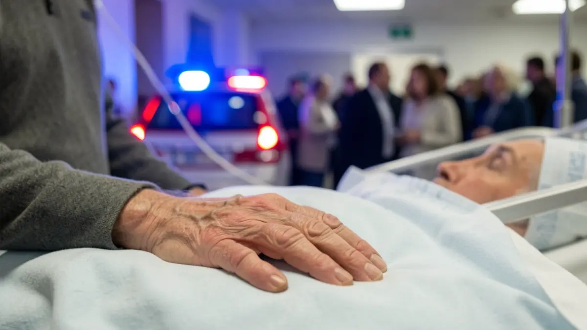 Imagen genérica de la mano de un hombre mayor sobre una sábana de hospital con luces de emergencia al fondo.