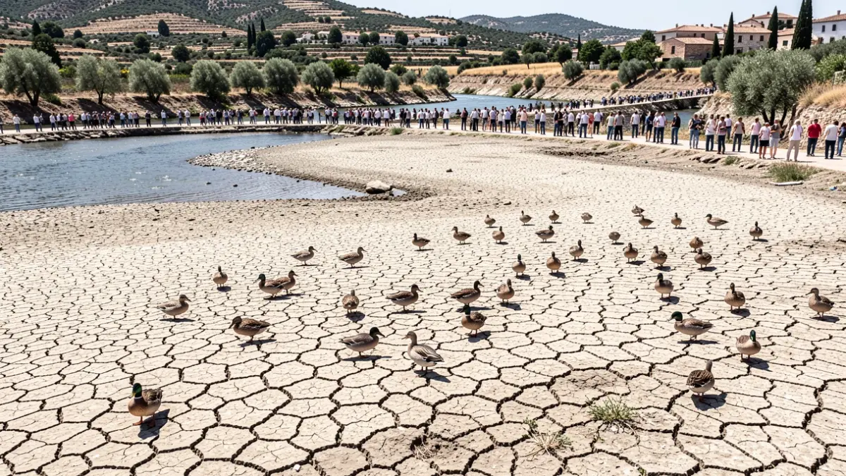 Generic image of a dry river with ducks.